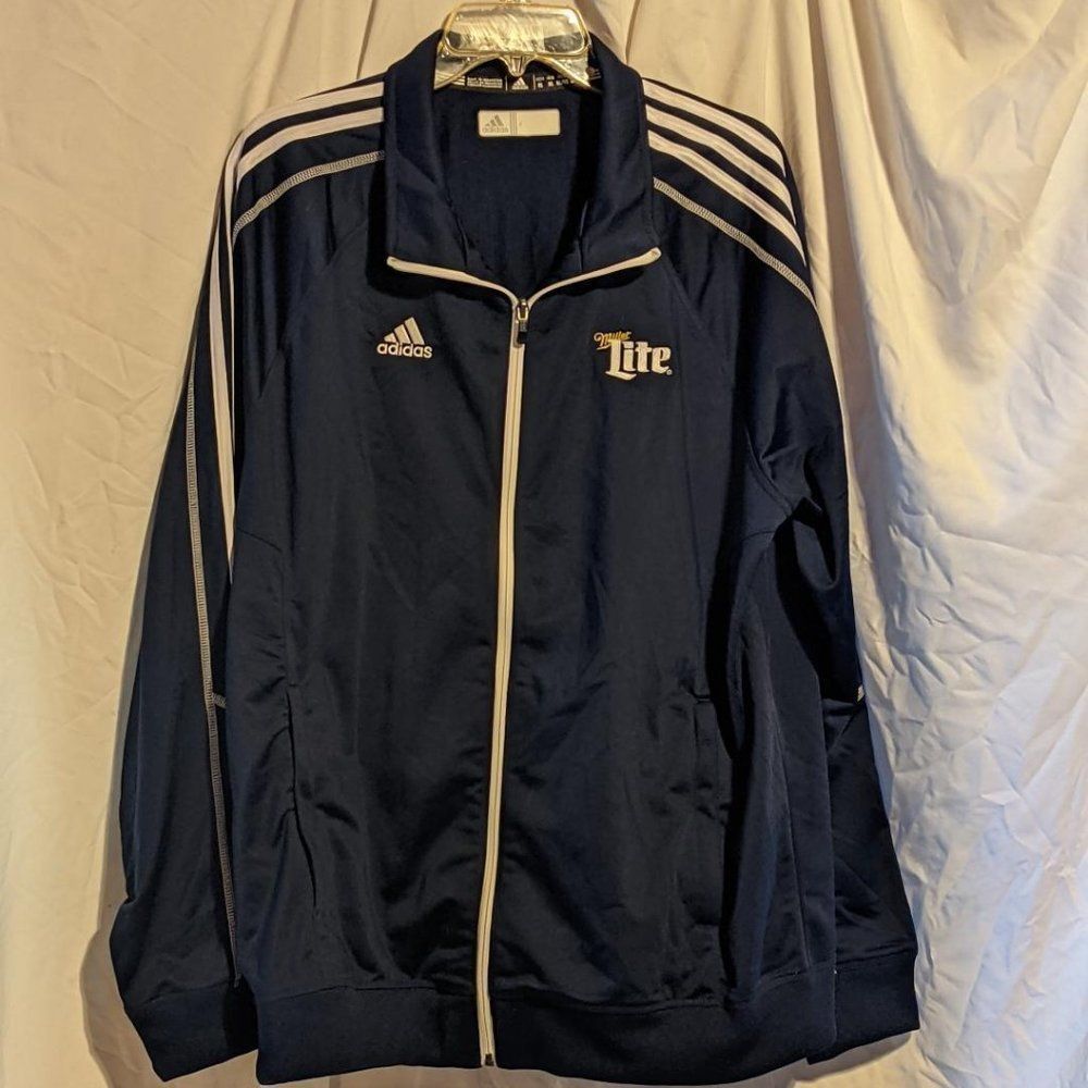 adidas Navy Blue Track Jacket with White Trim and Miller Lite Logo